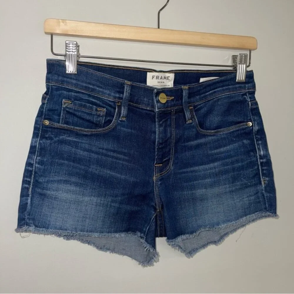FRAME Jean Shorts Women's Size 24 Blue Denim Le Cutoff Shorts Stretch Frayed Hem